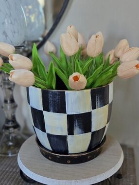 New! Checked, Hand Painted Ceramic Planter!